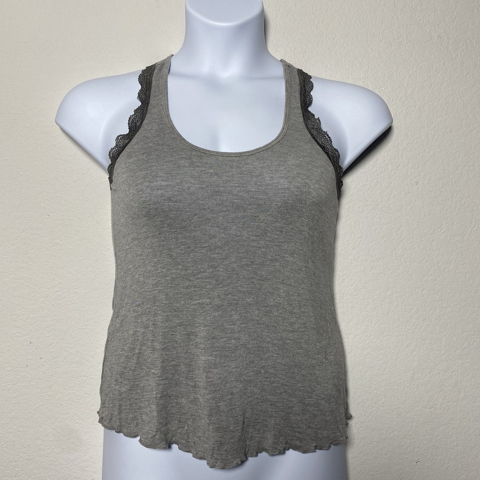 Womens Gray Y2k Racerback Lace Trim Layering Small Top Casual Sleeveless Relaxed